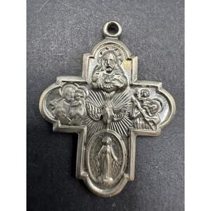 Antique Catholic 5 Way Cross Silver Tone Religious Metal Cross Pendant 1.06"